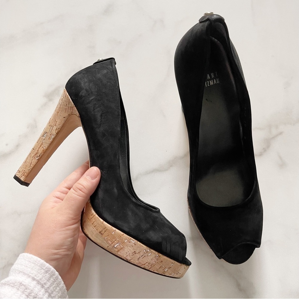 Stuart Weitzman Cork Platform Peep Toe Heel Pump Nubuck Black Leather Size 10 M